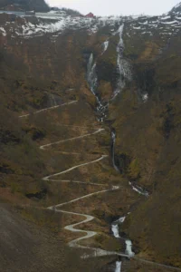 Mountain Switchbacks and Waterfall